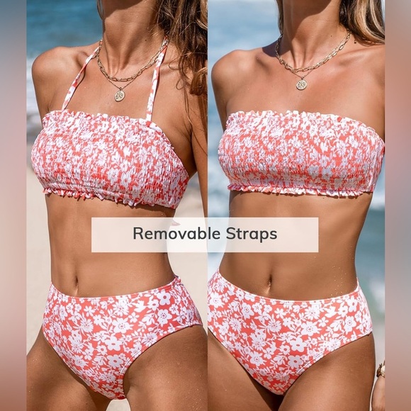 Medium Cupshe Orange Floral Bikini Set Bandeau or Strapless - Picture 2 of 5